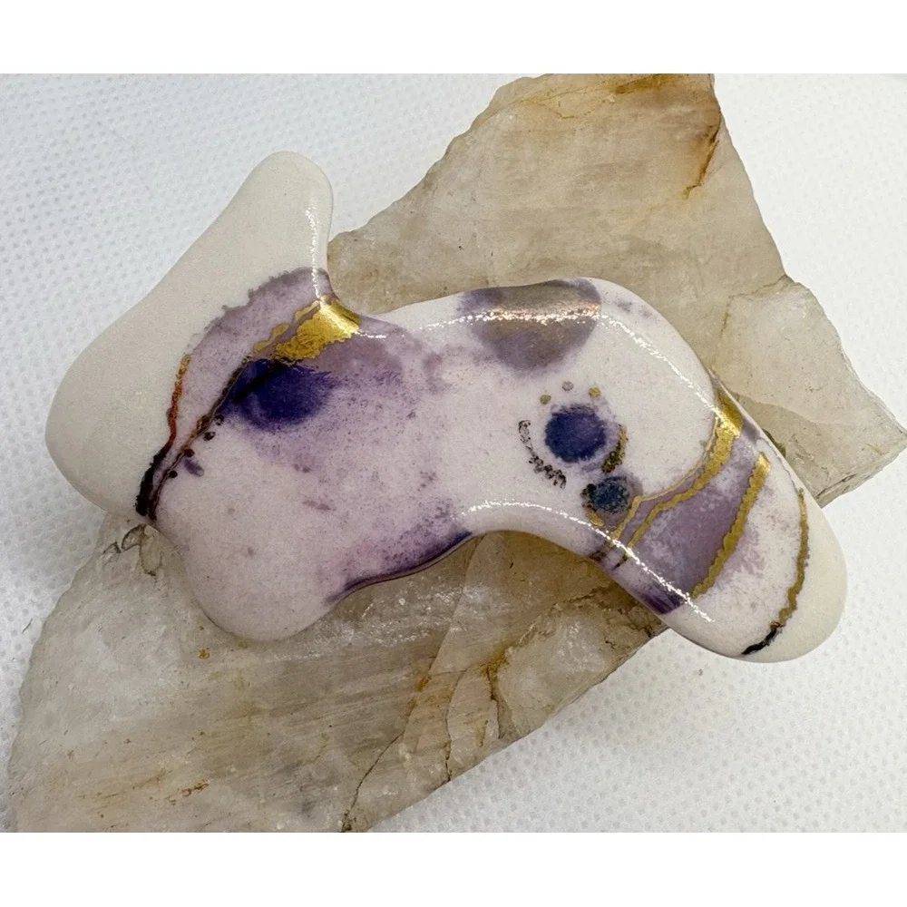 Handmade Ceramic Brooch Pin Purple Gold Glaze Abstract Modernist Artisan 80s 90s